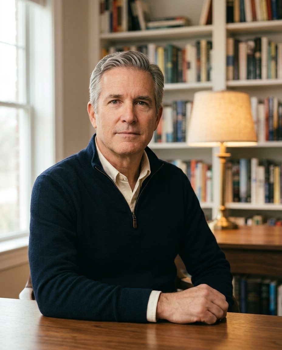 A man in his fifties seated at a desk in a home study with bookshelves behind him